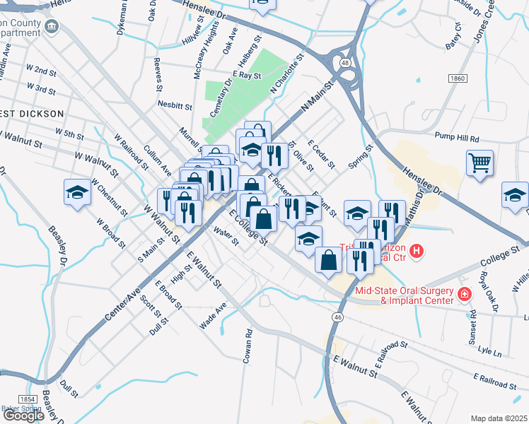 map of restaurants, bars, coffee shops, grocery stores, and more near 108 Poplar Street in Dickson