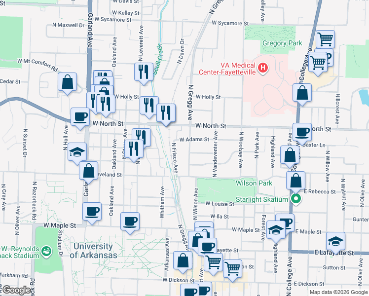 map of restaurants, bars, coffee shops, grocery stores, and more near 626 West Adams Street in Fayetteville