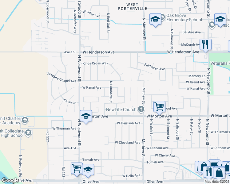 map of restaurants, bars, coffee shops, grocery stores, and more near 2180 West Kanai Avenue in Porterville