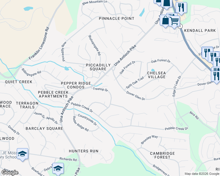 map of restaurants, bars, coffee shops, grocery stores, and more near 865 Dover Glen Drive in Nashville