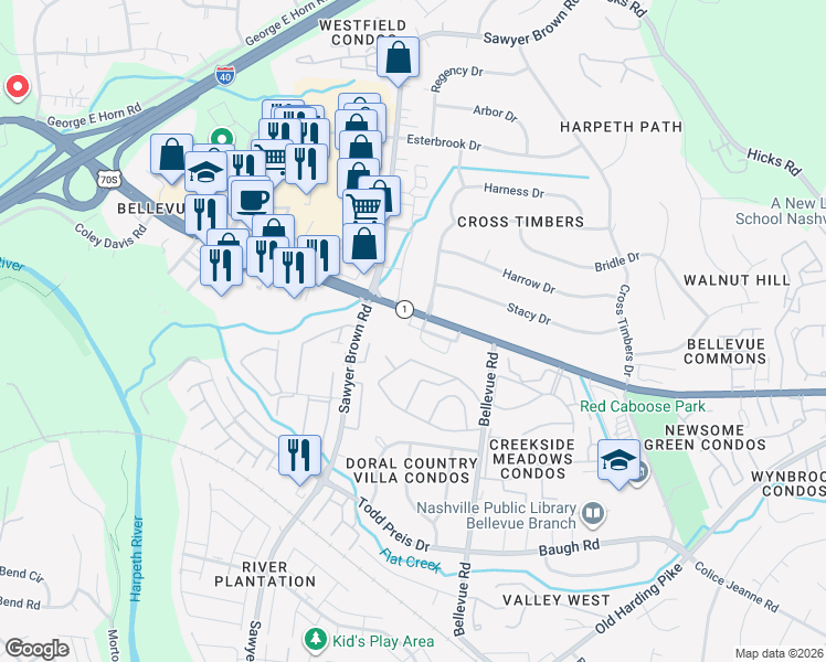 map of restaurants, bars, coffee shops, grocery stores, and more near 101 Carriage Drive in Nashville