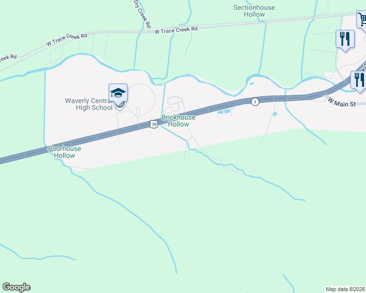 map of restaurants, bars, coffee shops, grocery stores, and more near 87A2 Ulcer Hollow Road in Waverly