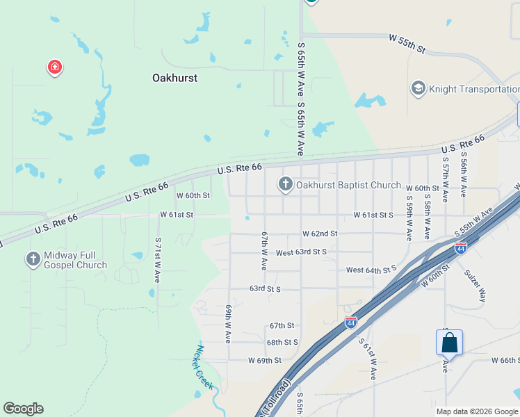 map of restaurants, bars, coffee shops, grocery stores, and more near 5937 West 67th Street in Tulsa