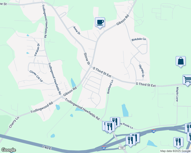 map of restaurants, bars, coffee shops, grocery stores, and more near 1110 Copper Circle in Mebane