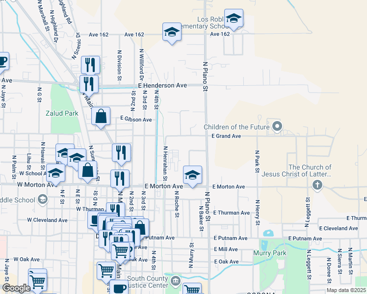 map of restaurants, bars, coffee shops, grocery stores, and more near 541 North Murry Street in Porterville
