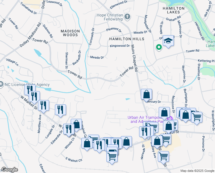 map of restaurants, bars, coffee shops, grocery stores, and more near 4849 Tower Road in Greensboro