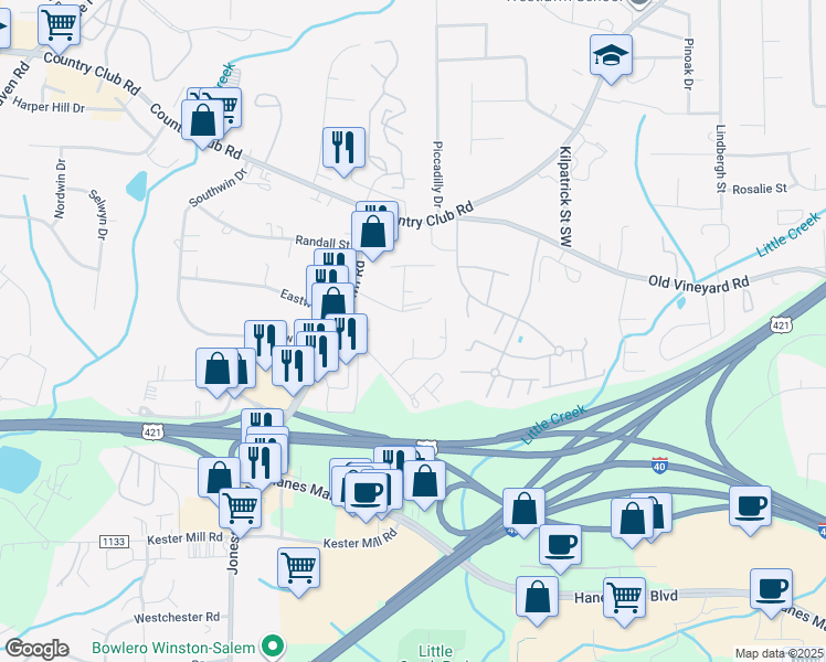 map of restaurants, bars, coffee shops, grocery stores, and more near 4520 Frandale Drive in Winston-Salem