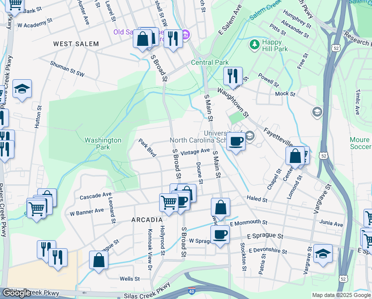 map of restaurants, bars, coffee shops, grocery stores, and more near 117 Vintage Avenue in Winston-Salem