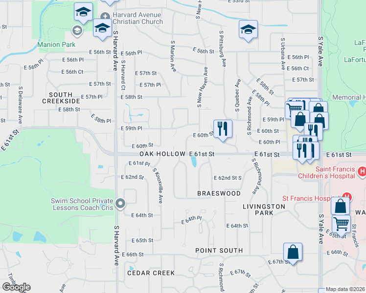 map of restaurants, bars, coffee shops, grocery stores, and more near 6004 South Marion Place in Tulsa