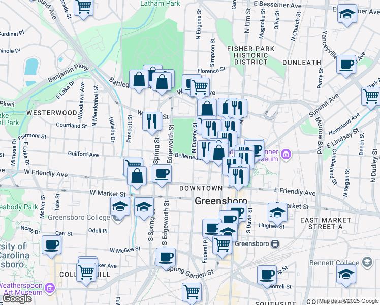 map of restaurants, bars, coffee shops, grocery stores, and more near 330 North Eugene Street in Greensboro