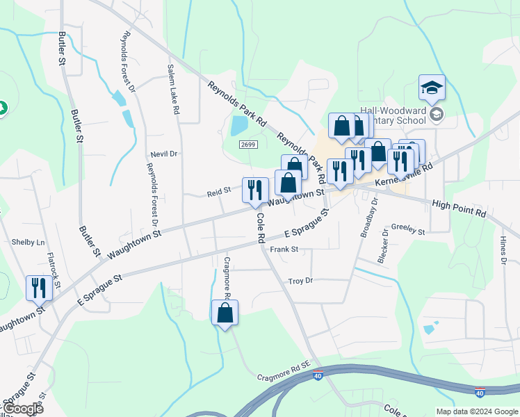 map of restaurants, bars, coffee shops, grocery stores, and more near 2090 Cole Road in Winston-Salem
