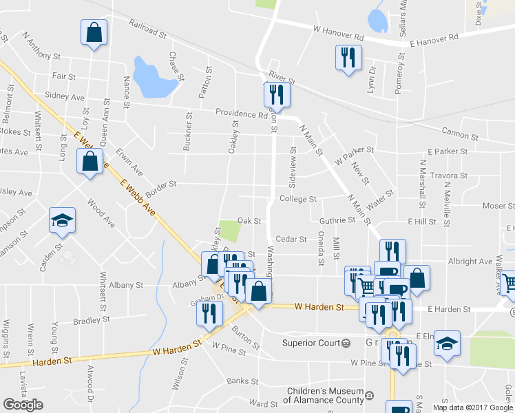 map of restaurants, bars, coffee shops, grocery stores, and more near 509 North Street in Graham