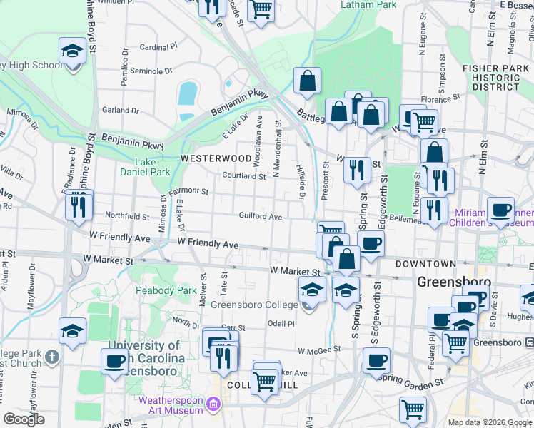 map of restaurants, bars, coffee shops, grocery stores, and more near 707 Fairmont Street in Greensboro
