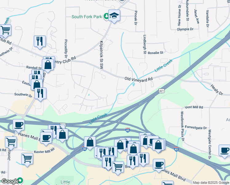 map of restaurants, bars, coffee shops, grocery stores, and more near 428 Vineyard Park Road in Winston-Salem