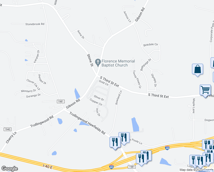 map of restaurants, bars, coffee shops, grocery stores, and more near 1003 Gold Circle in Mebane