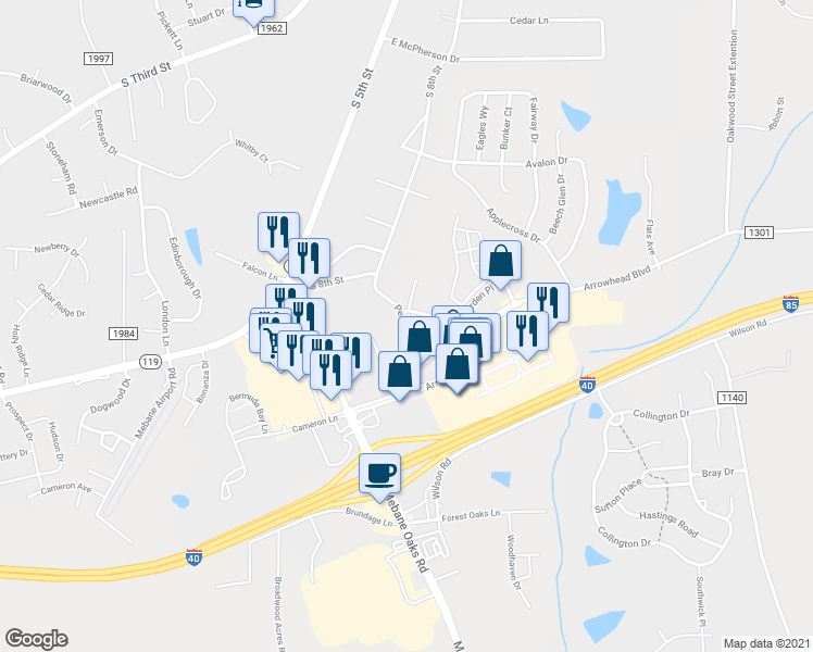 map of restaurants, bars, coffee shops, grocery stores, and more near Peartree Road in Mebane