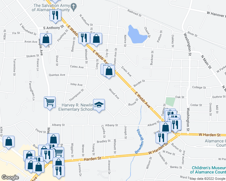 map of restaurants, bars, coffee shops, grocery stores, and more near 1728 Wood Avenue in Burlington