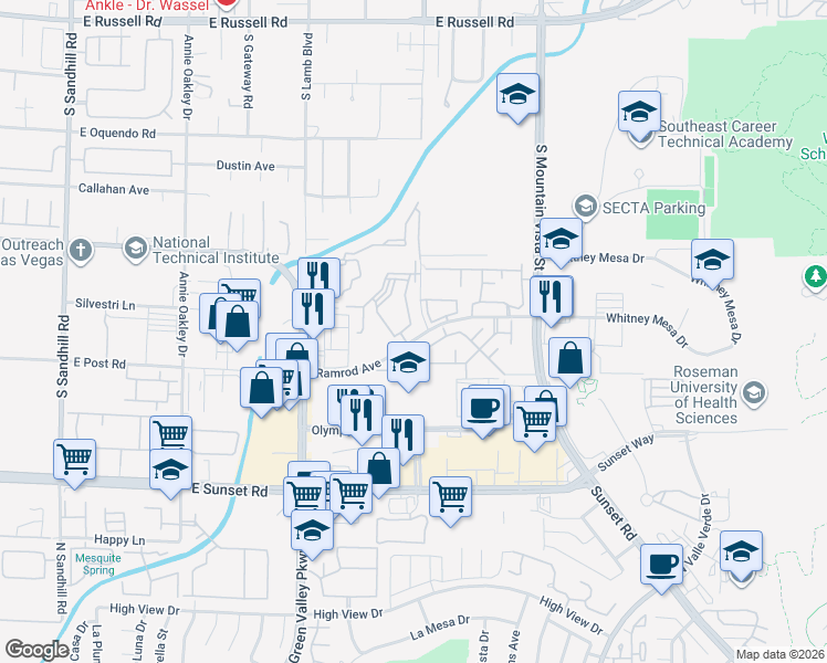 map of restaurants, bars, coffee shops, grocery stores, and more near 2120 Ramrod Avenue in Henderson