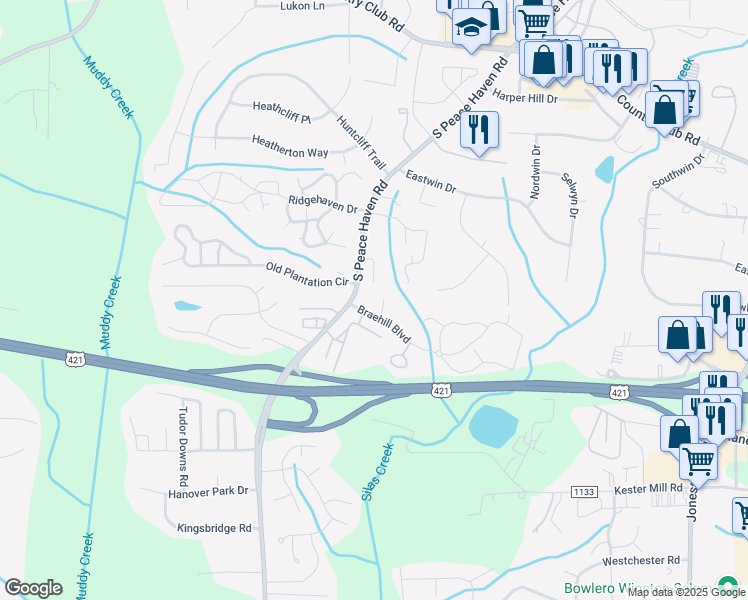 map of restaurants, bars, coffee shops, grocery stores, and more near 275 South Peace Haven Road in Winston-Salem