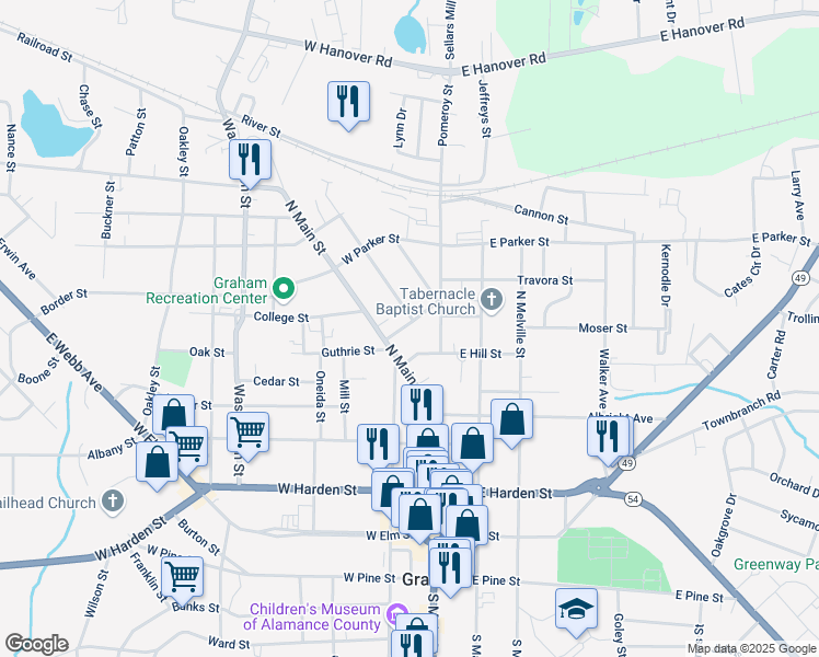 map of restaurants, bars, coffee shops, grocery stores, and more near 107 Water Street in Graham