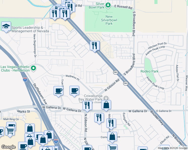 map of restaurants, bars, coffee shops, grocery stores, and more near 6670 Tulip Falls Drive in Henderson