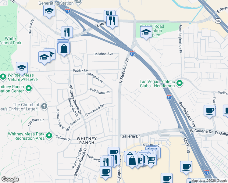 map of restaurants, bars, coffee shops, grocery stores, and more near 1402 Lodgepole Drive in Henderson