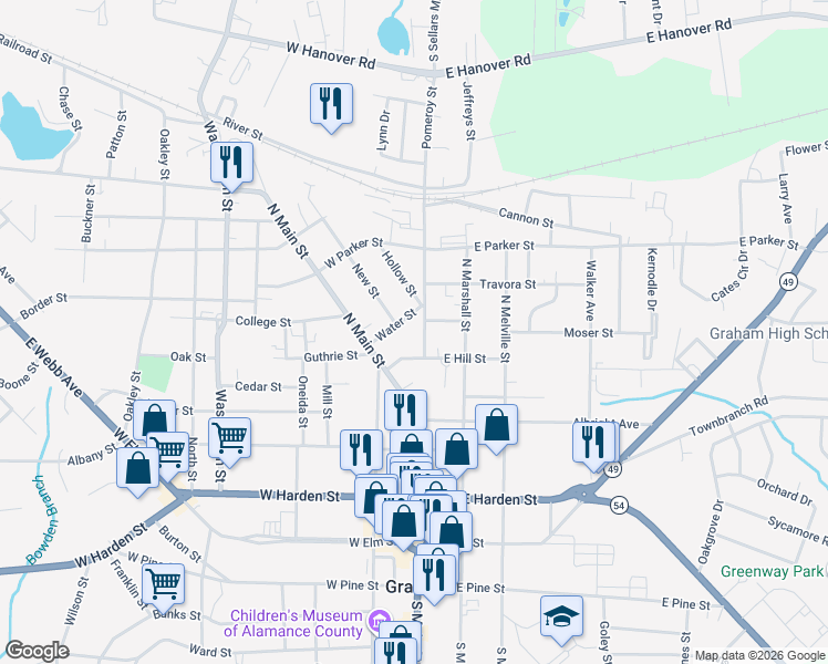map of restaurants, bars, coffee shops, grocery stores, and more near 107 Water Street in Graham