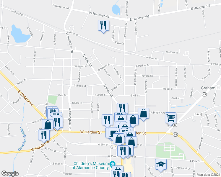 map of restaurants, bars, coffee shops, grocery stores, and more near 527 North Main Street in Graham