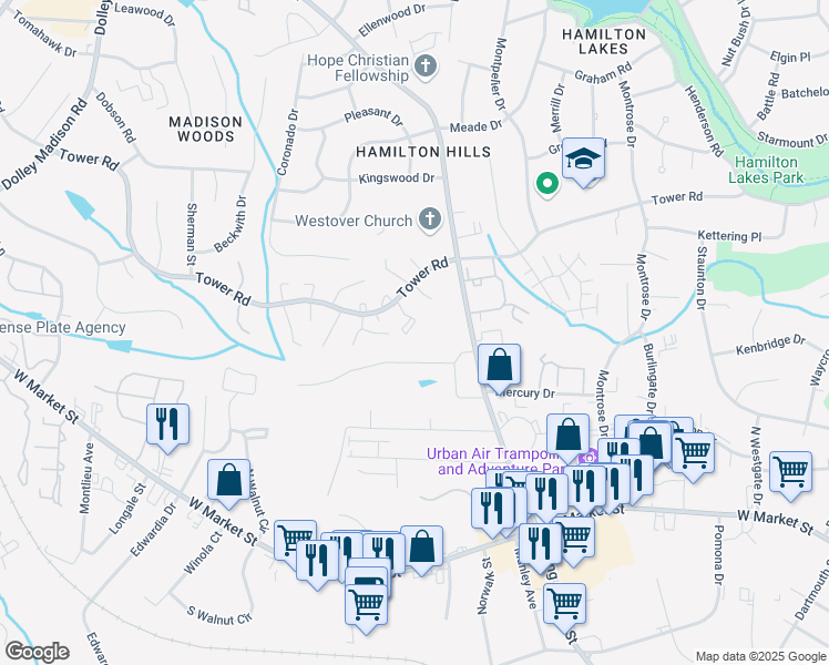 map of restaurants, bars, coffee shops, grocery stores, and more near 4823 Tower Road in Greensboro