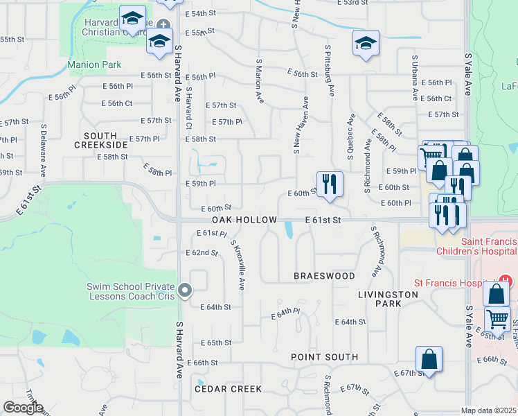 map of restaurants, bars, coffee shops, grocery stores, and more near 3728 East 59th Place in Tulsa
