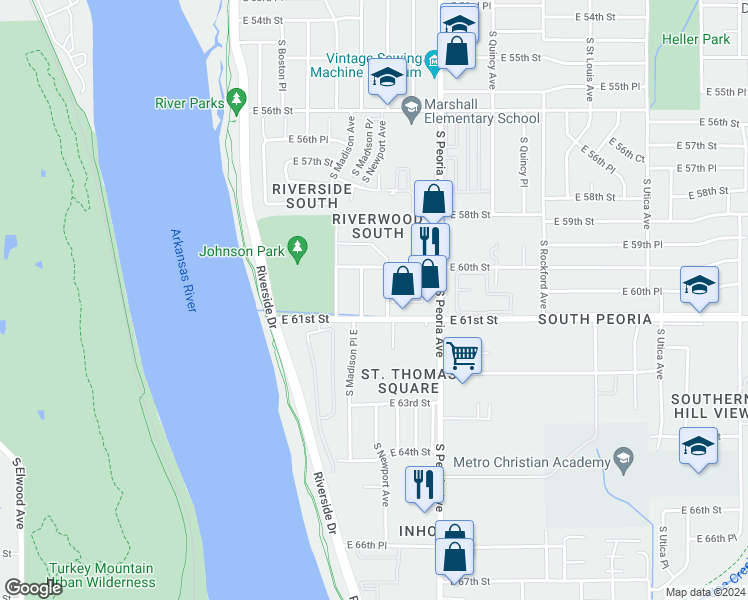 map of restaurants, bars, coffee shops, grocery stores, and more near 6021 South Madison Place in Tulsa