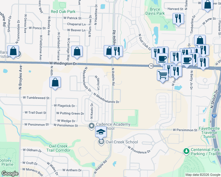 map of restaurants, bars, coffee shops, grocery stores, and more near 835 North Rupple Road in Fayetteville