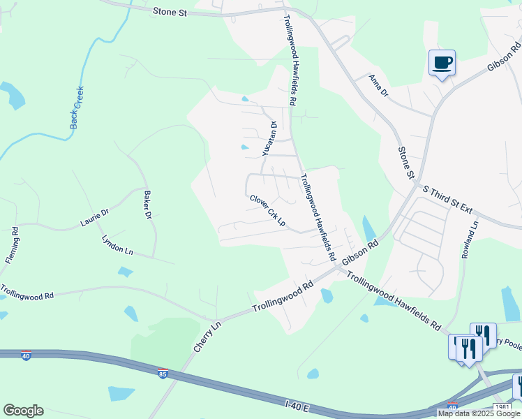 map of restaurants, bars, coffee shops, grocery stores, and more near 701-801 Trollingwood Road in Haw River