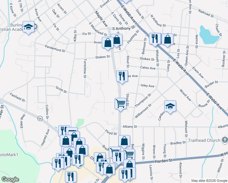 map of restaurants, bars, coffee shops, grocery stores, and more near 1605 Maple Avenue in Burlington