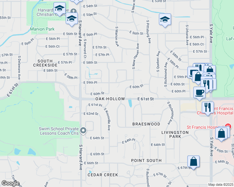 map of restaurants, bars, coffee shops, grocery stores, and more near 3728 East 59th Place in Tulsa