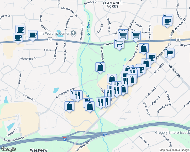 map of restaurants, bars, coffee shops, grocery stores, and more near 3493 Forestdale Drive in Burlington