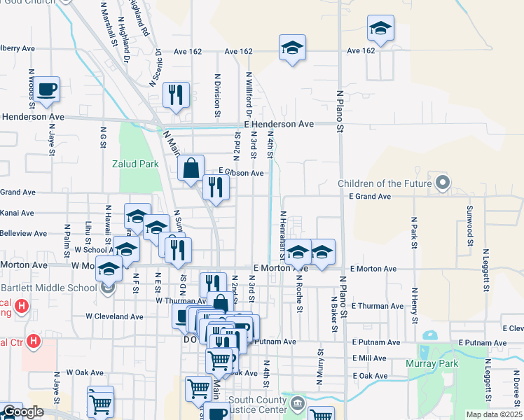 map of restaurants, bars, coffee shops, grocery stores, and more near 569 North 4th Street in Porterville