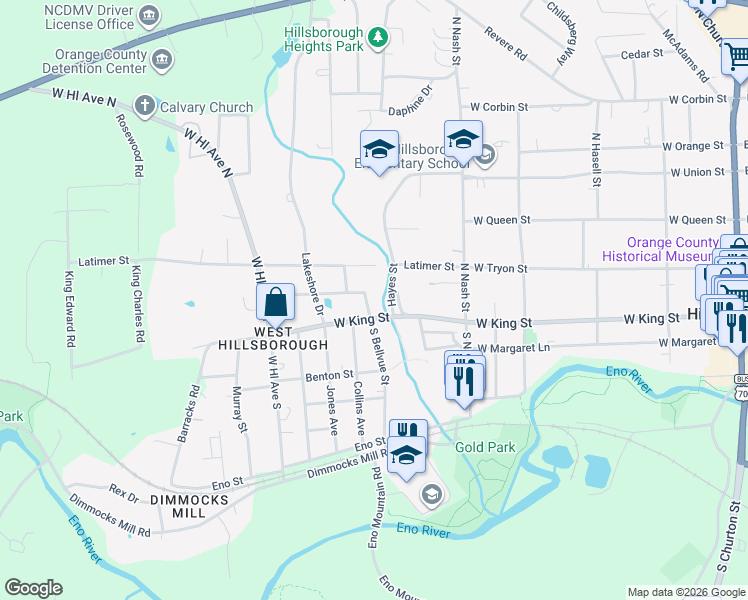 map of restaurants, bars, coffee shops, grocery stores, and more near 107 North Bellvue Street in Hillsborough