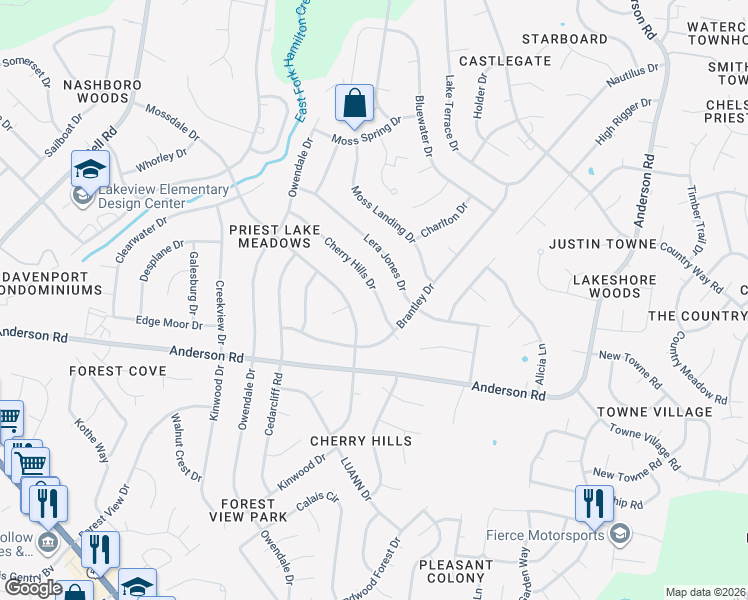 map of restaurants, bars, coffee shops, grocery stores, and more near 2973 Cherry Hills Drive in Nashville