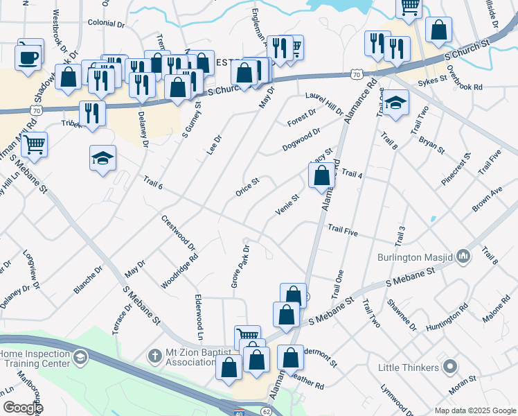 map of restaurants, bars, coffee shops, grocery stores, and more near 2422 Lacy Street in Burlington