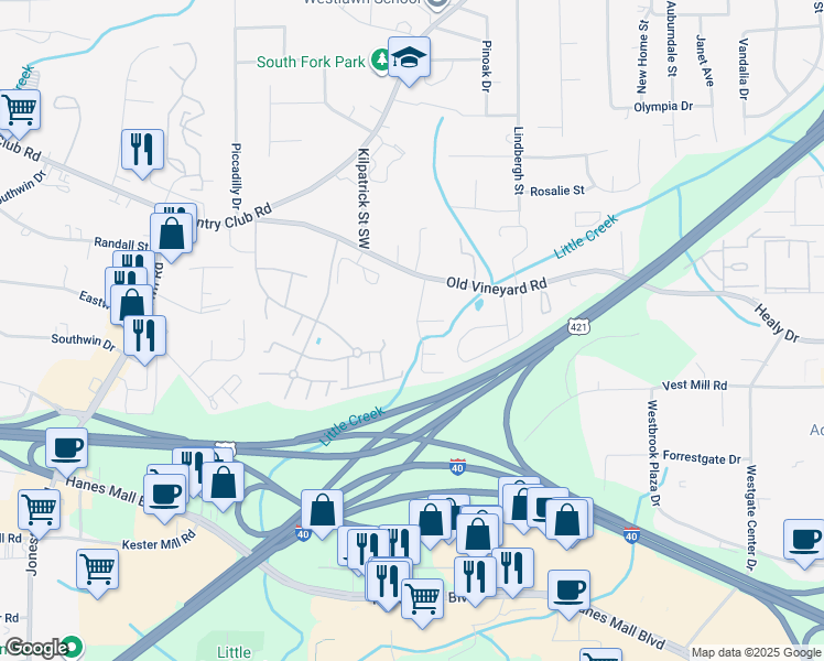 map of restaurants, bars, coffee shops, grocery stores, and more near 428 Vineyard Park Road in Winston-Salem