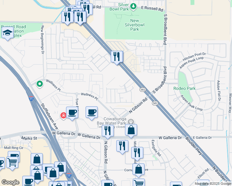 map of restaurants, bars, coffee shops, grocery stores, and more near 6670 Tulip Falls Drive in Henderson