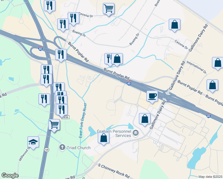 map of restaurants, bars, coffee shops, grocery stores, and more near 7031 Albert Pick Road in Greensboro