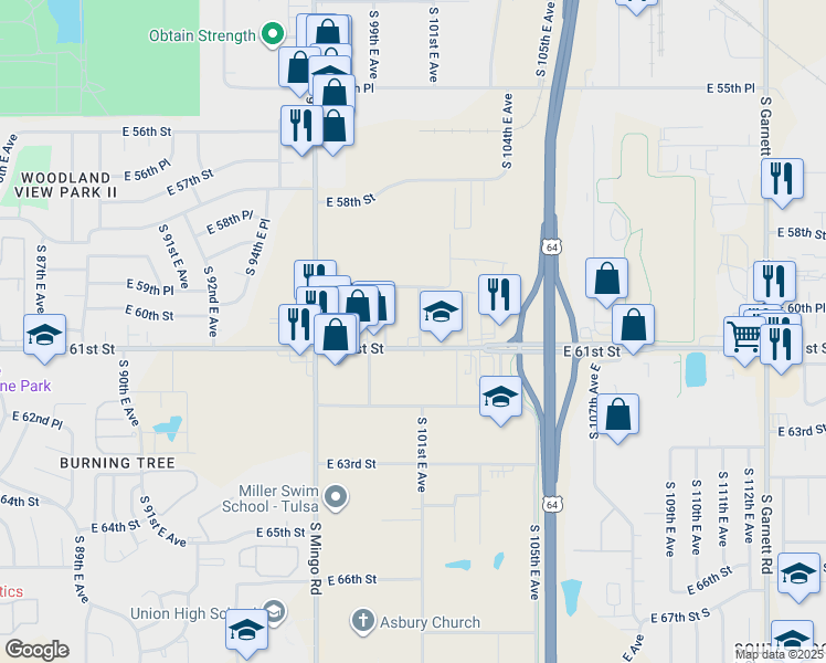 map of restaurants, bars, coffee shops, grocery stores, and more near 5948 South 100th East Avenue in Tulsa
