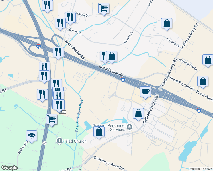 map of restaurants, bars, coffee shops, grocery stores, and more near 7031 Albert Pick Road in Greensboro