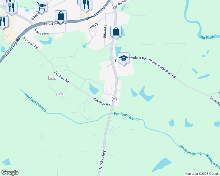 map of restaurants, bars, coffee shops, grocery stores, and more near 844 North Carolina 39 in Louisburg