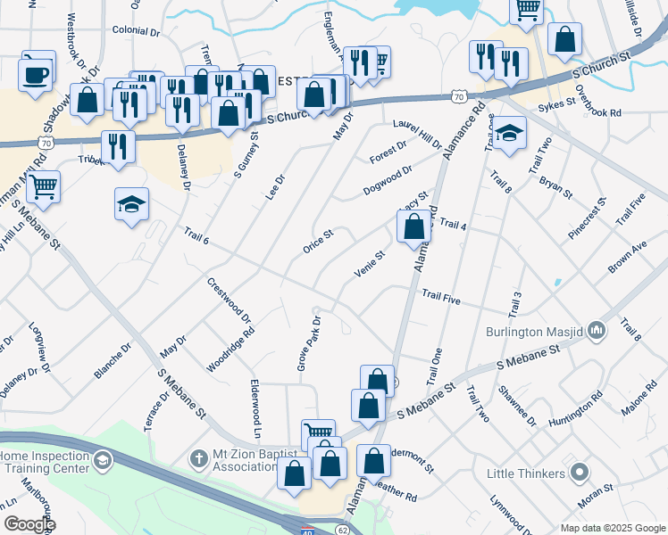 map of restaurants, bars, coffee shops, grocery stores, and more near 2422 Lacy Street in Burlington