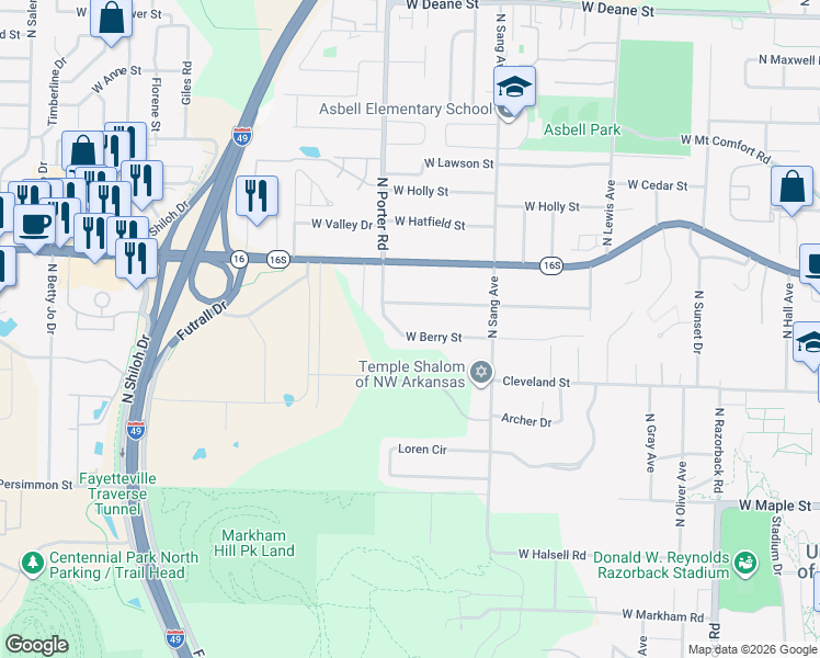 map of restaurants, bars, coffee shops, grocery stores, and more near 2349 West Ora Drive in Fayetteville