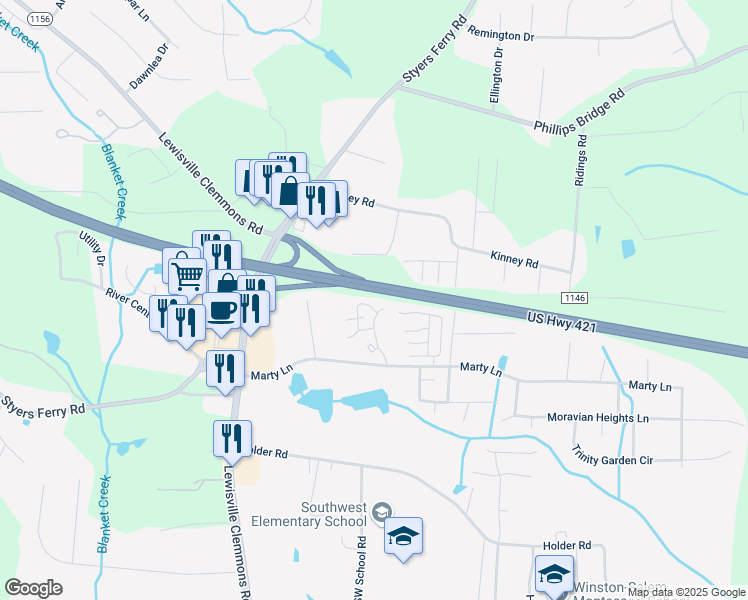 map of restaurants, bars, coffee shops, grocery stores, and more near 1449 King Charles Drive in Clemmons