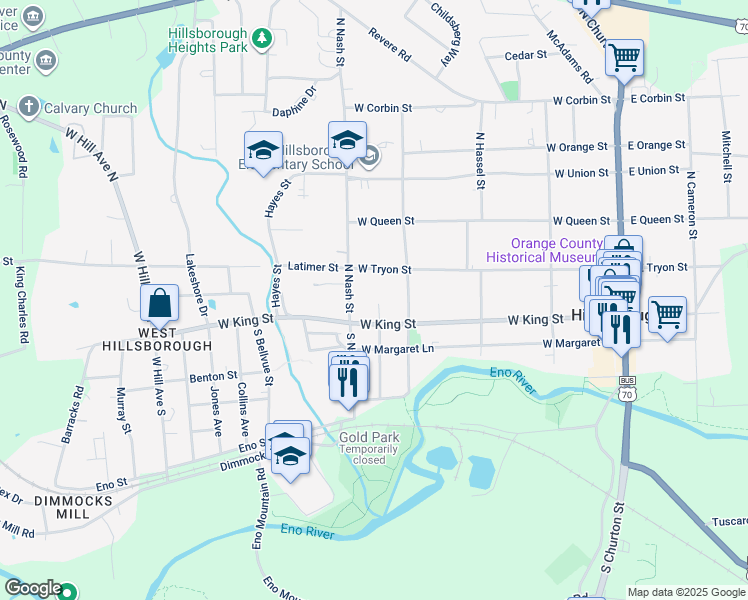 map of restaurants, bars, coffee shops, grocery stores, and more near 111 North Hillsborough Avenue in Hillsborough
